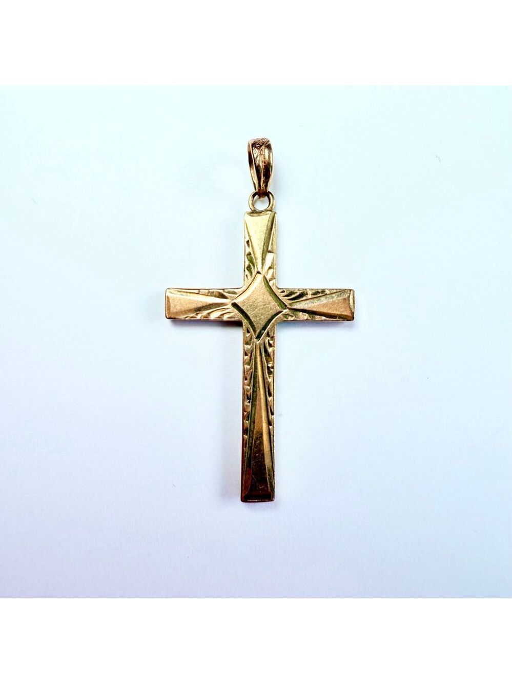ESEMCO 10K Solid Gold Crucifix Cross Religious Diamond Etched VTG Charm Pendant